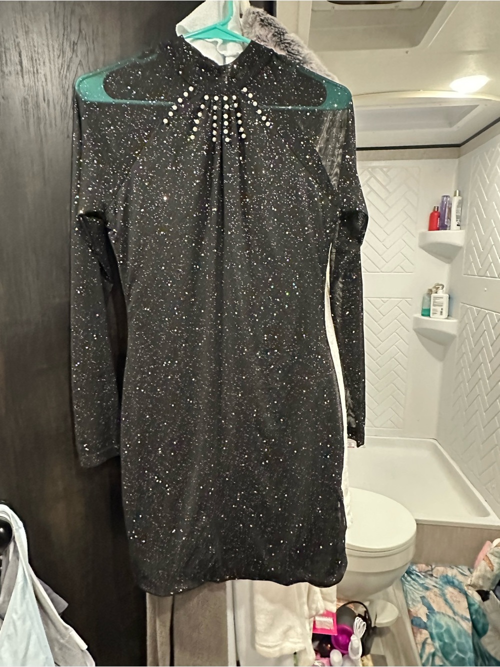 Black Sparkle Long-Sleeve Mini Dress with Pearl Detail